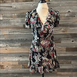 M60 Miss Sixty Black Floral Ruffle Wrap Dress Size 4